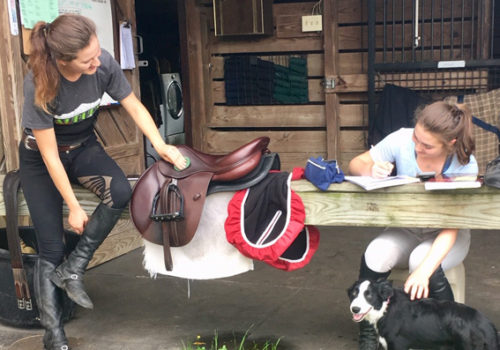 students study with dog on farm